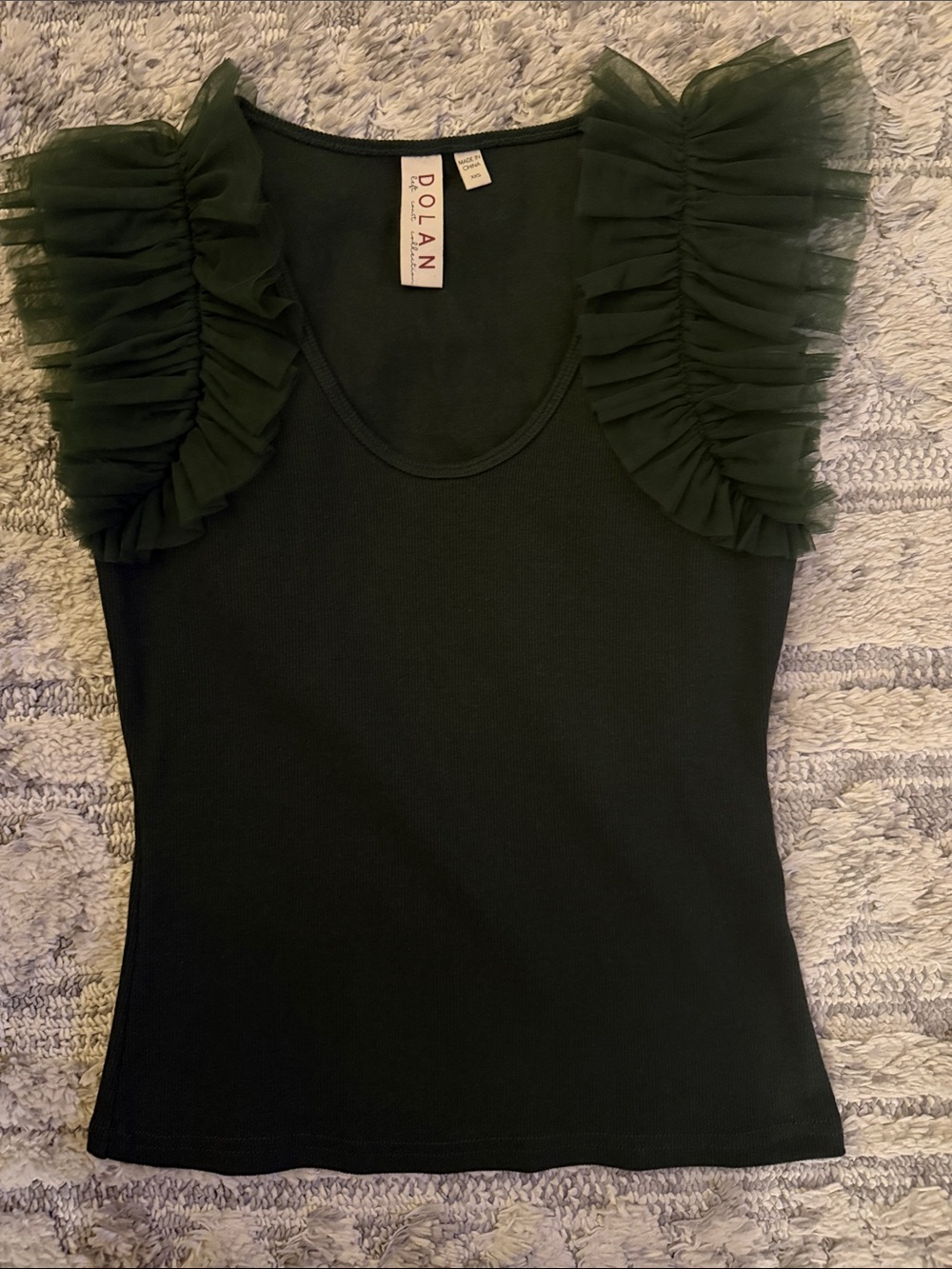 NWOT dolan Dark Green Ruffle Sleeve Ribbed Tank - Picture 1 of 1